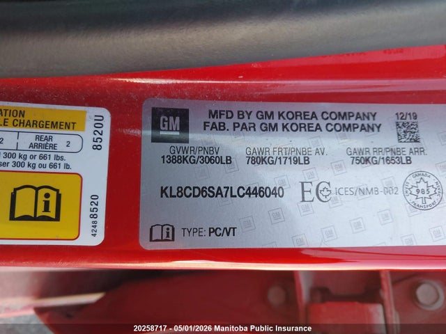 2020 Chevrolet Spark Lt მანქანა იყიდება აუქციონზე, vin: KL8CD6SA7LC446040, აუქციონის ნომერი: 20258717