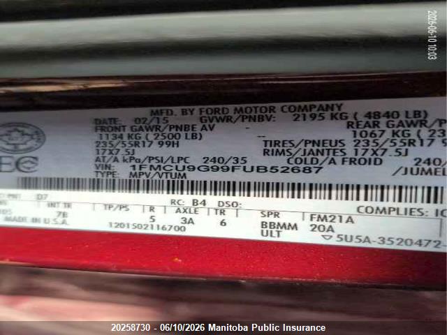 Ford ESCAPE SE 2015 1FMCU9G99FUB52687 Image 9