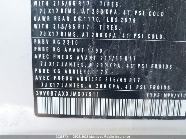 20258731 :رقم المزاد ، 3VV0B7AXXJM007911 vin ، 2018 Volkswagen Tiguan 2.0 Tsi مزاد بيع