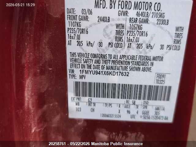 Aukcja sprzedaży 2006 Ford Escape Limited V6, vin: 1FMYU941X6KD17632, numer aukcji: 20258761