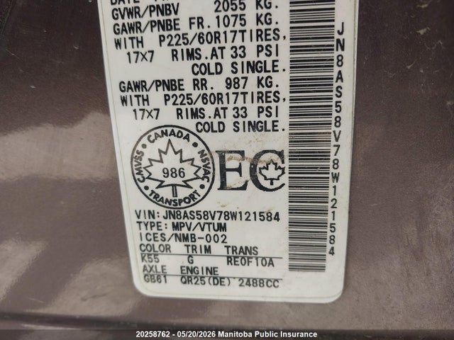 Aukcja sprzedaży 2008 Nissan Rogue Sl, vin: JN8AS58V78W121584, numer aukcji: 20258762