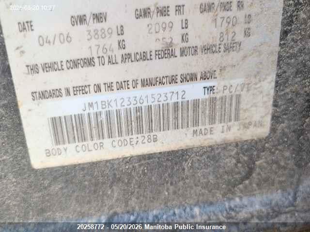 2006 Mazda 3 Mazda Gt მანქანა იყიდება აუქციონზე, vin: JM1BK123361523712, აუქციონის ნომერი: 20258772