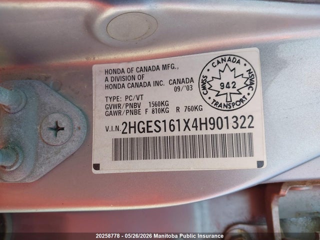 Aukcja sprzedaży 2004 Honda Civic Dx, vin: 2HGES161X4H901322, numer aukcji: 20258778