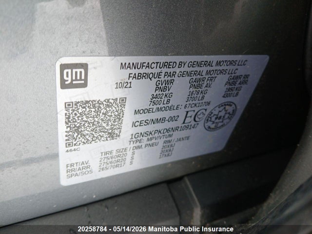 1GNSKPKD6NR109147 Chevrolet Tahoe Z71