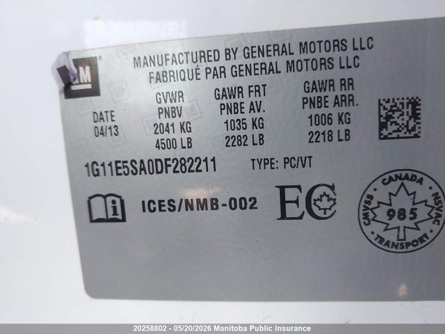 20258802 :رقم المزاد ، 1G11E5SA0DF282211 vin ، 2013 Chevrolet Malibu Lt مزاد بيع