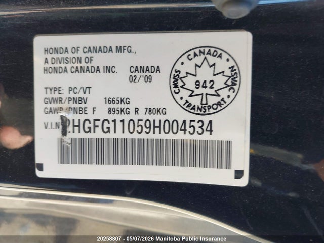 20258807 :رقم المزاد ، 2HGFG11059H004534 vin ، 2009 Honda Civic Ex-l مزاد بيع