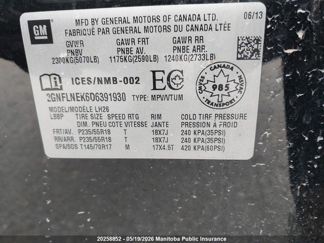 20258852 :رقم المزاد ، 2GNFLNEK6D6391930 vin ، 2013 Chevrolet Equinox Lt مزاد بيع