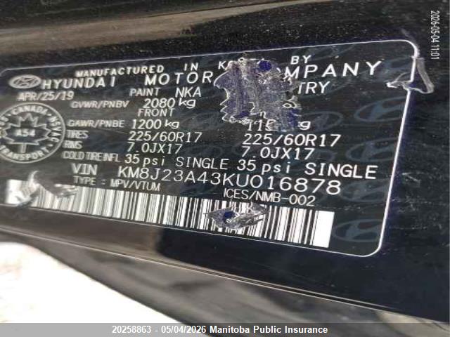 KM8J23A43KU016878 Hyundai Tucson Essential
