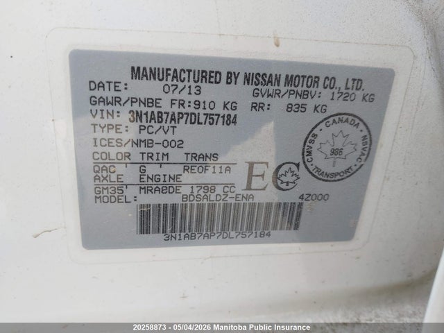 2013 Nissan Sentra 1.8 Sv მანქანა იყიდება აუქციონზე, vin: 3N1AB7AP7DL757184, აუქციონის ნომერი: 20258873