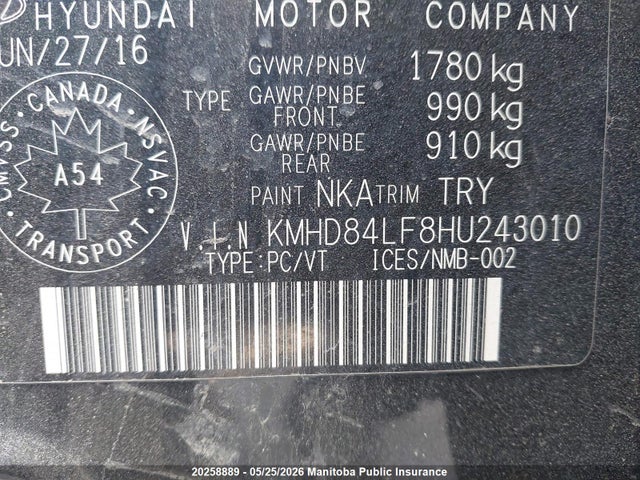 20258889 :رقم المزاد ، KMHD84LF8HU243010 vin ، 2017 Hyundai Elantra Gl مزاد بيع