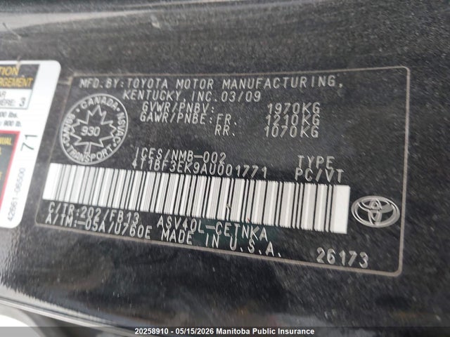 20258910 :رقم المزاد ، 4T1BF3EK9AU001771 vin ، 2010 Toyota Camry Se مزاد بيع