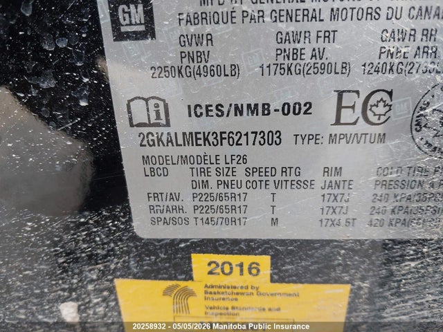 Aukcja sprzedaży 2015 Gmc Terrain Sle, vin: 2GKALMEK3F6217303, numer aukcji: 20258932