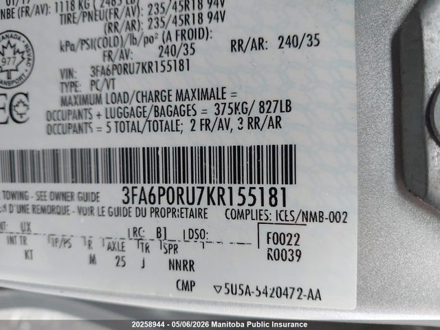 Продаж на аукціоні авто 2019 Ford Fusion Titanium Hybrid, vin: 3FA6P0RU7KR155181, номер лоту: 20258944