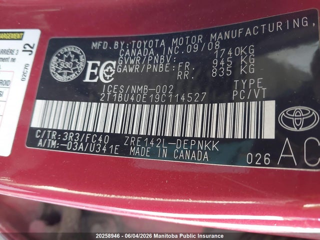 Aukcja sprzedaży 2009 Toyota Corolla, vin: 2T1BU40E19C114527, numer aukcji: 20258946
