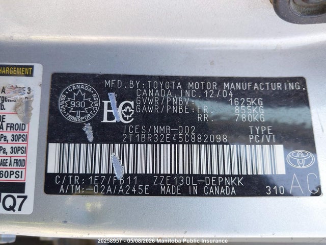 20258957 :رقم المزاد ، 2T1BR32E45C882098 vin ، 2005 Toyota Corolla مزاد بيع