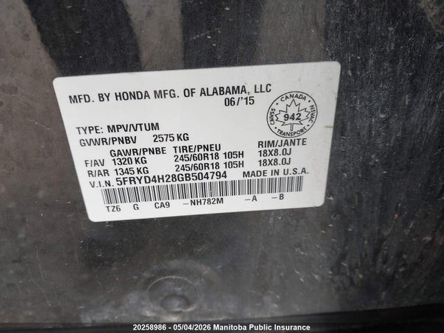 Продажа на аукционе авто 2016 Acura Mdx, vin: 5FRYD4H28GB504794, номер лота: 20258986