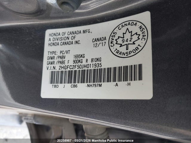 20258987 :رقم المزاد ، 2HGFC2F50JH011935 vin ، 2018 Honda Civic Lx مزاد بيع
