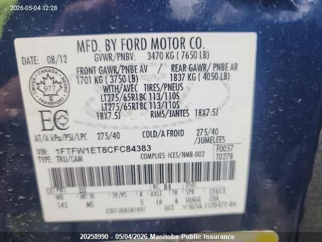 Aukcja sprzedaży 2012 Ford F150 Fx4 Supercrew, vin: 1FTFW1ET8CFC84383, numer aukcji: 20258990