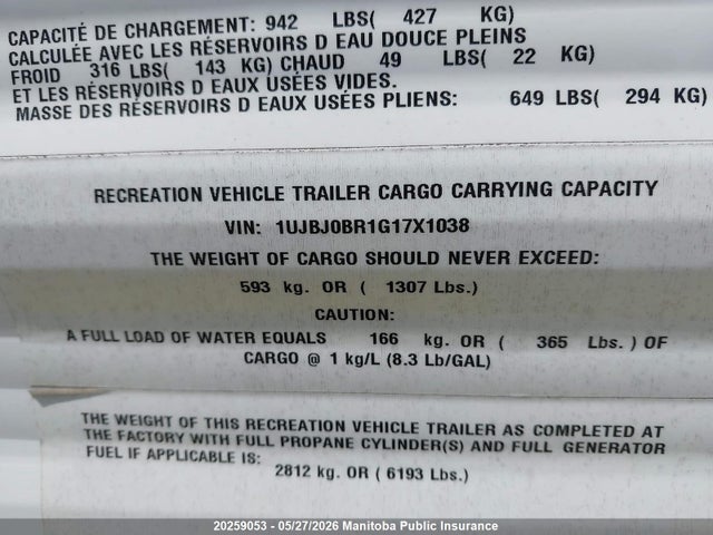 20259053 :رقم المزاد ، 1UJBJ0BR1G17X1038 vin ، 2016 Jayco Jayco Jayflight مزاد بيع