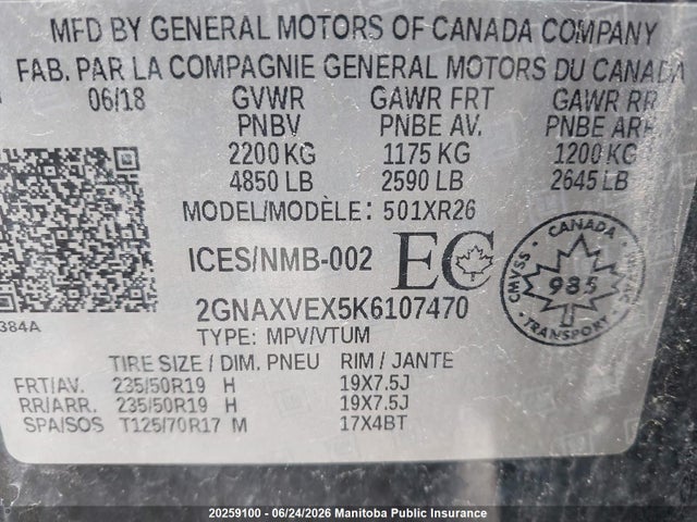 Aukcja sprzedaży 2019 Chevrolet Equinox Lt 2.0t, vin: 2GNAXVEX5K6107470, numer aukcji: 20259100