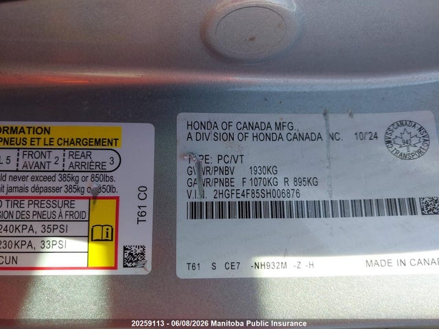 2025 Honda Civic Sport Hev მანქანა იყიდება აუქციონზე, vin: 2HGFE4F85SH006876, აუქციონის ნომერი: 20259113
