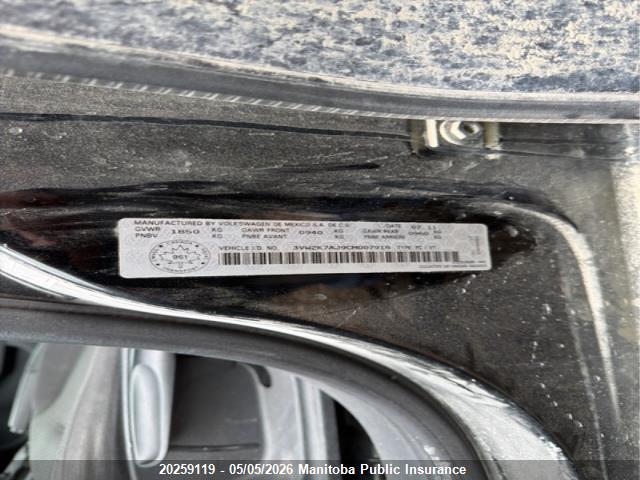 20259119 :رقم المزاد ، 3VW2K7AJ9CM007918 vin ، 2012 Volkswagen Jetta 2.0 مزاد بيع