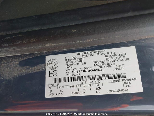 20259131 :رقم المزاد ، 1FTBR3X80MKA67333 vin ، 2021 Ford Transit-250 Cargo مزاد بيع