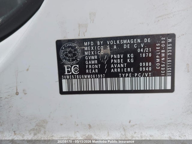 2021 Volkswagen Jetta Highline 1.4 Tsi მანქანა იყიდება აუქციონზე, vin: 3VWE57BU6MM061997, აუქციონის ნომერი: 20259170
