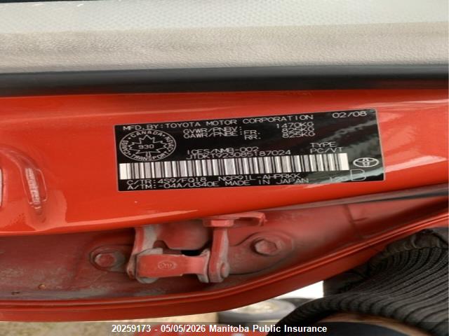 20259173 :رقم المزاد ، JTDKT923085187024 vin ، 2008 Toyota Yaris Le مزاد بيع