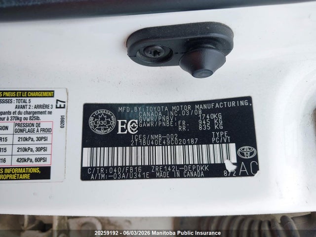 20259192 :رقم المزاد ، 2T1BU40E49C020187 vin ، 2009 Toyota Corolla Ce مزاد بيع