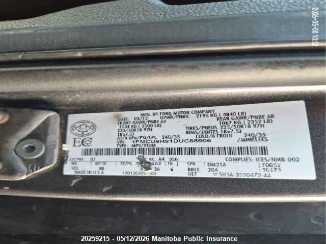 20259215 :رقم المزاد ، 1FMCU9H91DUC88906 vin ، 2013 Ford Escape Sel مزاد بيع