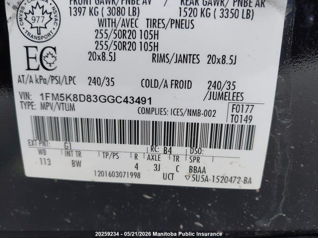 20259234 :رقم المزاد ، 1FM5K8D83GGC43491 vin ، 2016 Ford Explorer Xlt مزاد بيع