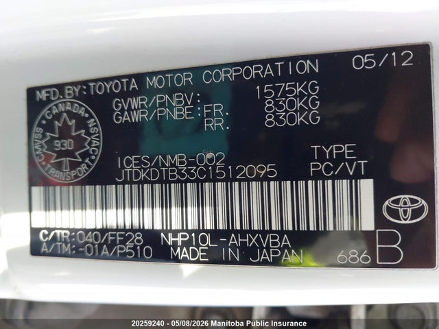 20259240 :رقم المزاد ، JTDKDTB33C1512095 vin ، 2012 Toyota Prius C مزاد بيع