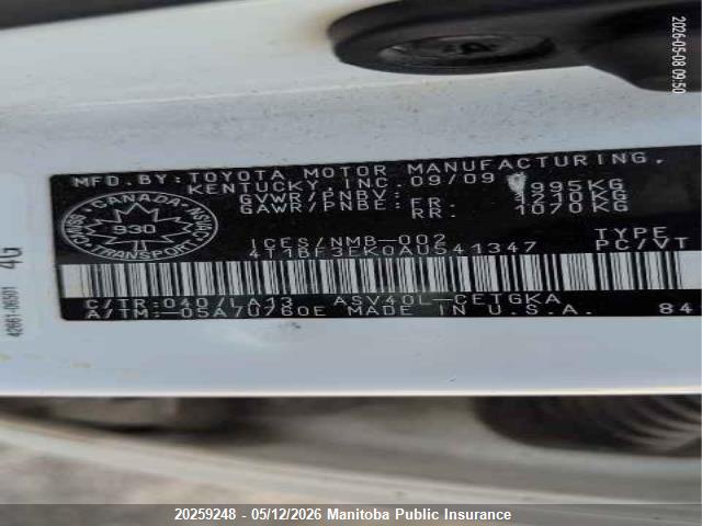 20259248 :رقم المزاد ، 4T1BF3EK0AU541347 vin ، 2010 Toyota Camry Xle مزاد بيع