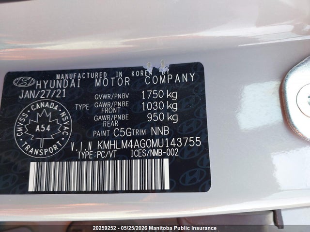 20259252 :رقم المزاد ، KMHLM4AG0MU143755 vin ، 2021 Hyundai Elantra Essential مزاد بيع