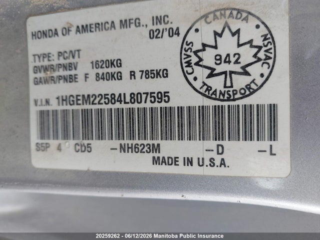 2004 Honda Civic Lx მანქანა იყიდება აუქციონზე, vin: 1HGEM22584L807595, აუქციონის ნომერი: 20259262