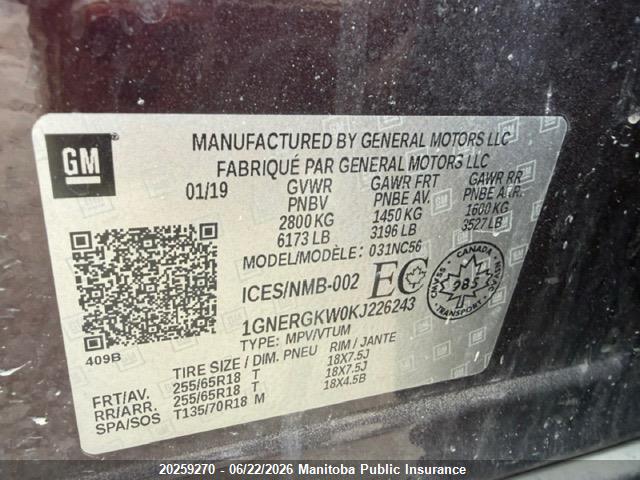 Продаж на аукціоні авто 2019 Chevrolet Traverse Lt, vin: 1GNERGKW0KJ226243, номер лоту: 20259270