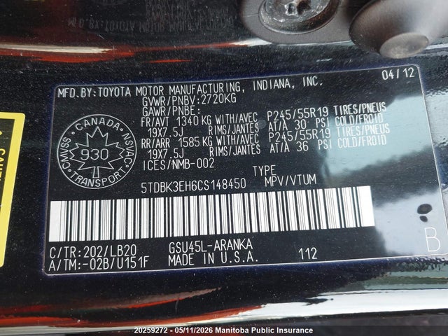 20259272 :رقم المزاد ، 5TDBK3EH6CS148450 vin ، 2012 Toyota Highlander V6 مزاد بيع