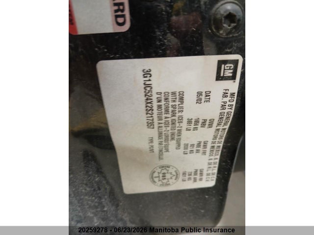 20259278 :رقم المزاد ، 3G1JC524X2S217357 vin ، 2002 Chevrolet Cavalier مزاد بيع