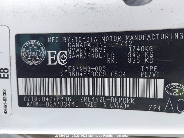 Aukcja sprzedaży 2012 Toyota Corolla Ce, vin: 2T1BU4EE8CC918534, numer aukcji: 20259302