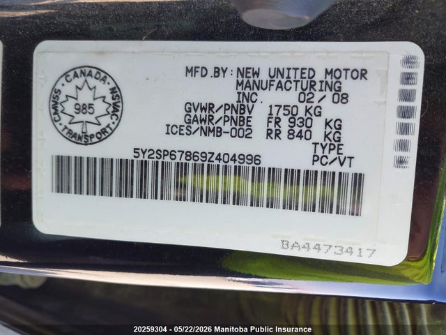 20259304 :رقم المزاد ، 5Y2SP67869Z404996 vin ، 2009 Pontiac Vibe مزاد بيع