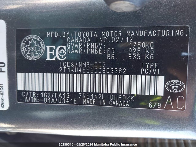 20259315 :رقم المزاد ، 2T1KU4EE6CC803382 vin ، 2012 Toyota Matrix مزاد بيع
