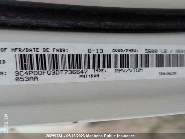 20259324 :رقم المزاد ، 3C4PDDFG3DT736647 vin ، 2013 Dodge Journey R/t مزاد بيع