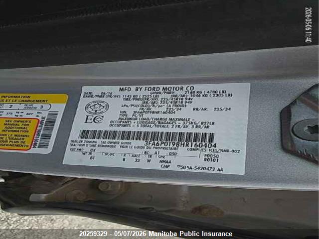 Aukcja sprzedaży 2017 Ford Fusion Se, vin: 3FA6P0T98HR160404, numer aukcji: 20259329