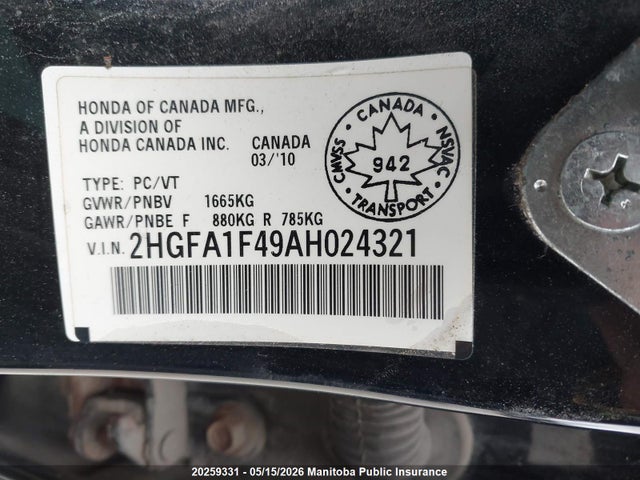 20259331 :رقم المزاد ، 2HGFA1F49AH024321 vin ، 2010 Honda Civic Dx-g مزاد بيع