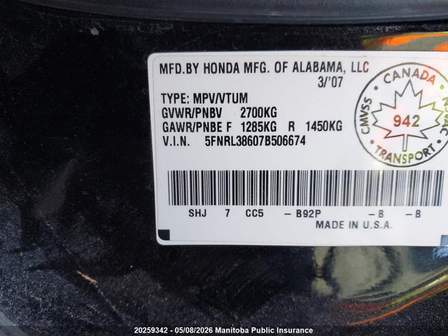 Продаж на аукціоні авто 2007 Honda Odyssey Ex-l, vin: 5FNRL38607B506674, номер лоту: 20259342