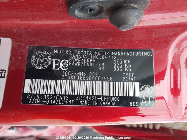 20259354 :رقم المزاد ، 2T1KU4EE9DC061996 vin ، 2013 Toyota Matrix مزاد بيع