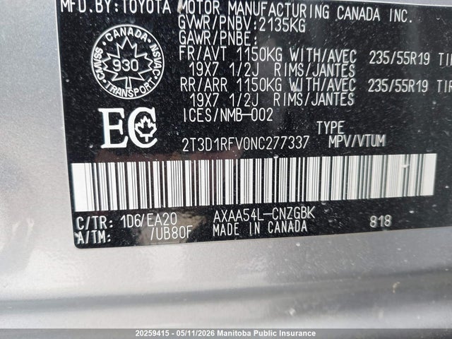 20259415 :رقم المزاد ، 2T3D1RFV0NC277337 vin ، 2022 Toyota Rav4 Limited مزاد بيع