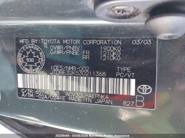 20259449 :رقم المزاد ، JTDBE32K530211368 vin ، 2003 Toyota Camry Le مزاد بيع