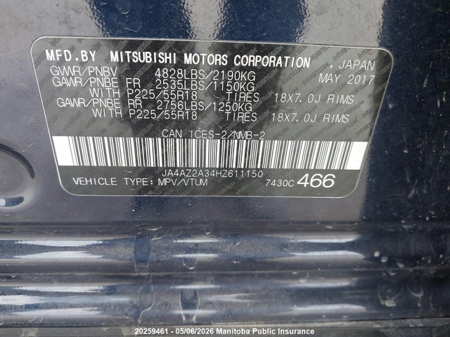 Aukcja sprzedaży 2017 Mitsubishi Outlander Es, vin: JA4AZ2A34HZ611150, numer aukcji: 20259461